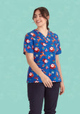 Santa Electric Blue Printed Scrub Top